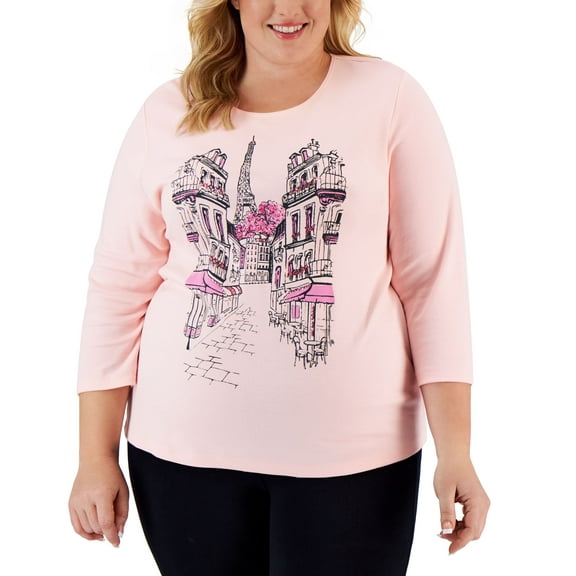 Karen Scott Plus Size Paris Corner 3/4 Sleeve Top Soft Pink 0X