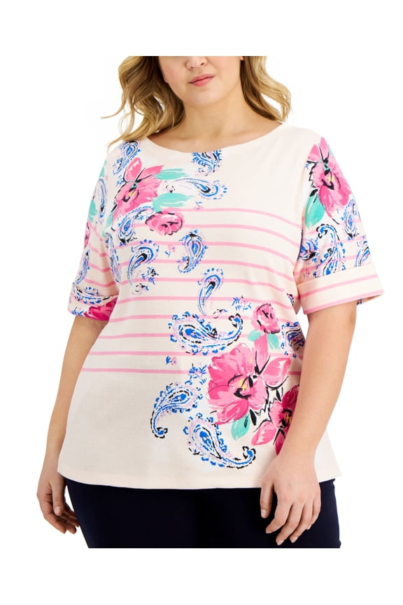 Plus Size Parisian Paisley Boat Neck Top Blush 3X