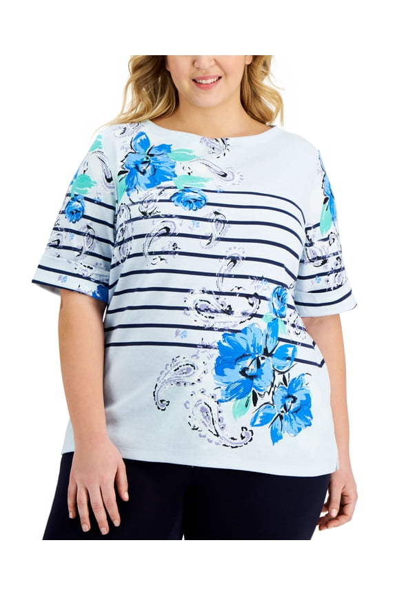 Plus Size Parisian Paisley Boat Neck Top Nantucket Breeze 2X