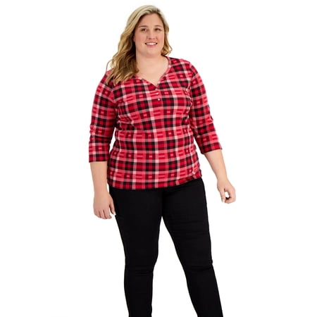 Karen Scott Plus Size Printed Henley Top New Red Amore 1X