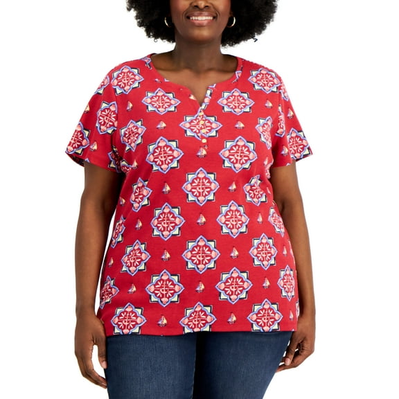 Karen Scott Plus Size Printed Split Neck Henley Top New Red Amore 1X