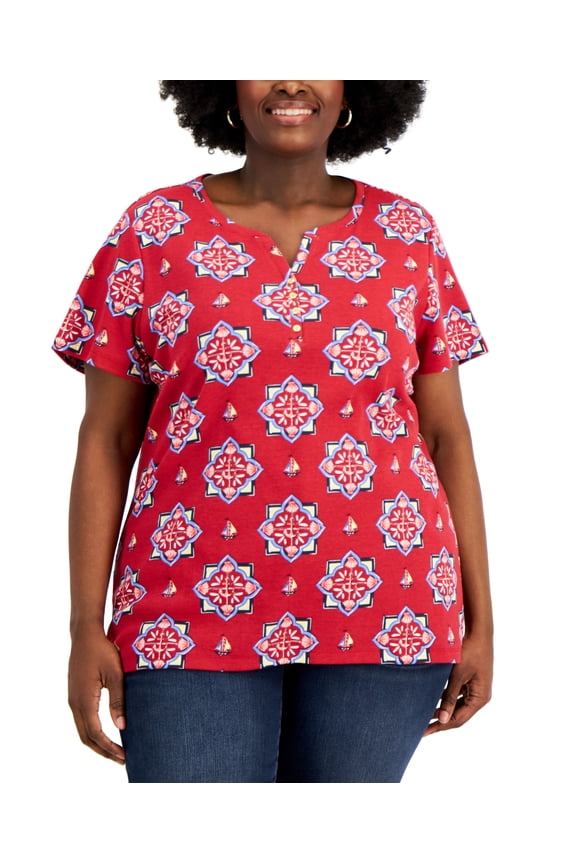 Plus Size Printed Split Neck Henley Top New Red Amore 3X