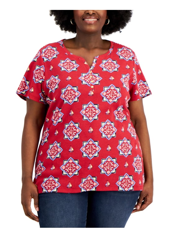 Plus Size Printed Split Neck Henley Top New Red Amore 4X