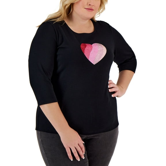 Karen Scott Plus Size Rhinestone Heart Top Deep Black 1X
