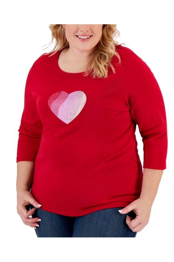 Plus Size Rhinestone Heart Top New Red Amore 1X