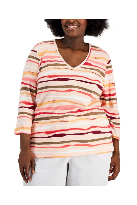 Plus Size Sasha Stripe 3/4 Sleeve Top Peony Coral 2X