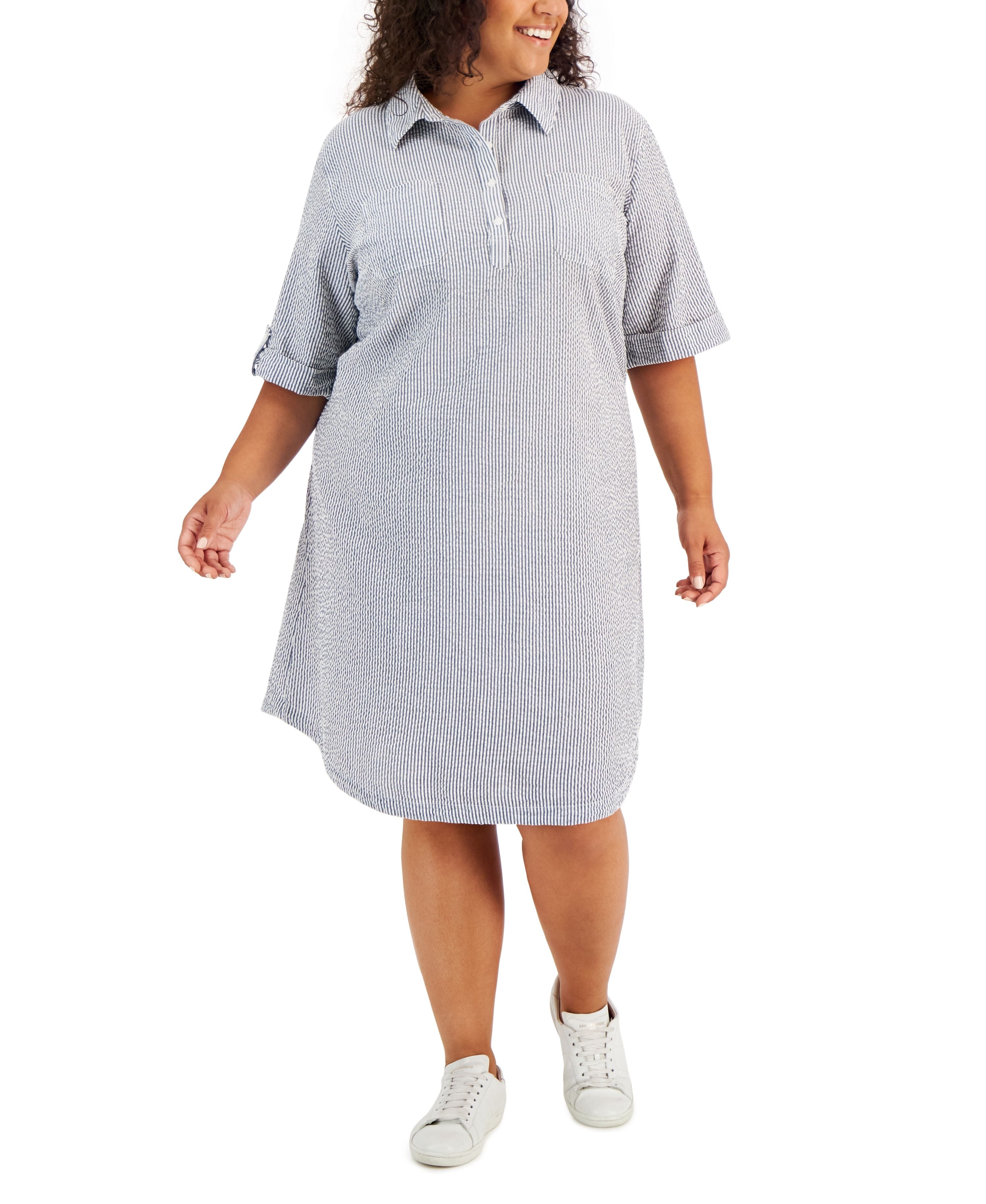 Karen Scott Plus Size Seersucker Dress Chambray 2X