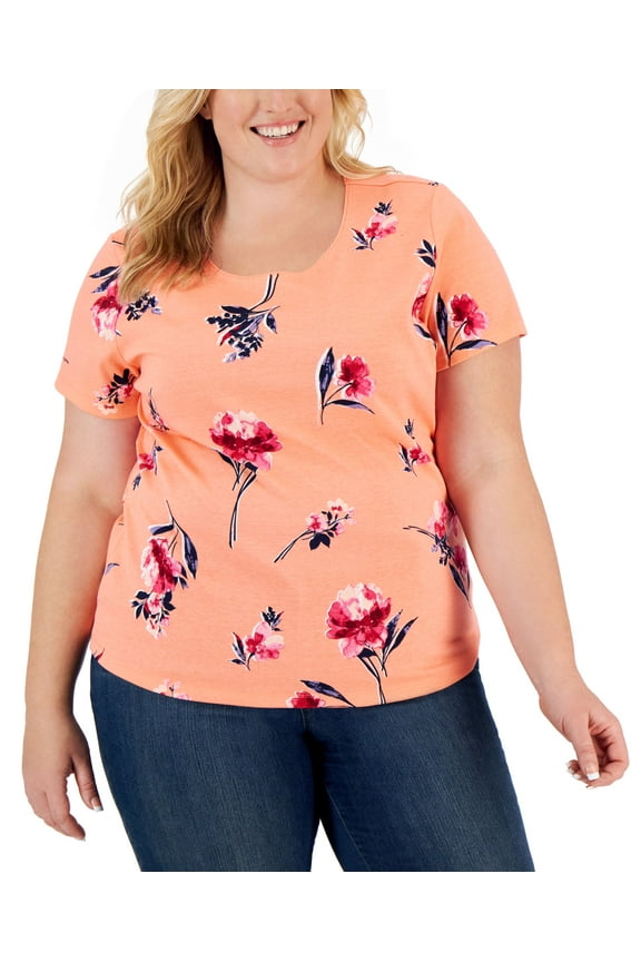 Plus Size Short Sleeve Printed Top Shell Pink 0X