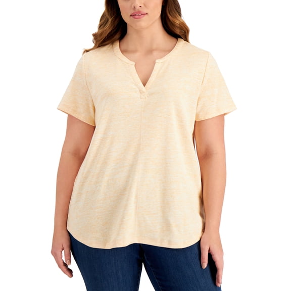 Karen Scott Plus Size Space Dyed Split Neck Top Coral Shell 1X