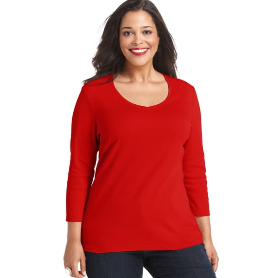 Karen Scott Plus Size Three Quarter Sleeve V Neck Tee Garden Radiance L