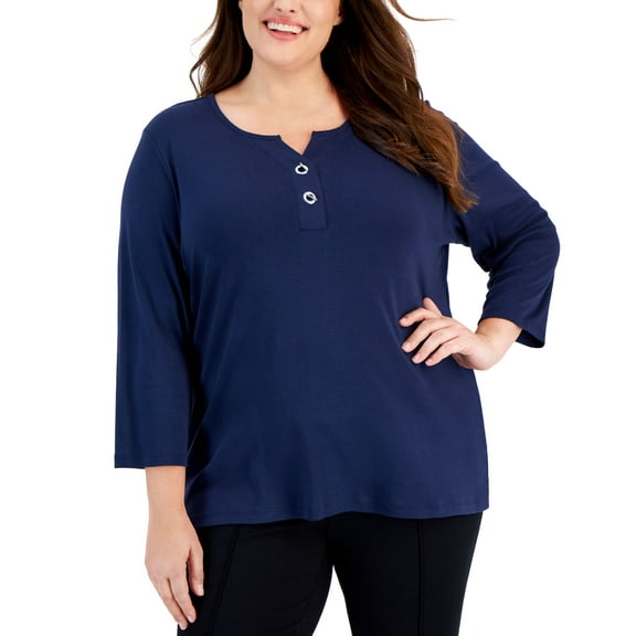 Karen Scott Plus Size Toggle Neck Top Intrepid Blue 3X