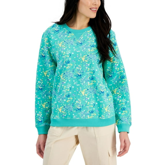 Karen Scott Printed Crewneck Top Coastline Teal M