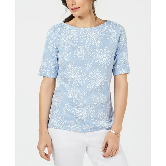Karen Scott Printed Elbow Sleeve Boat Neck Top Light Blue Heather XS