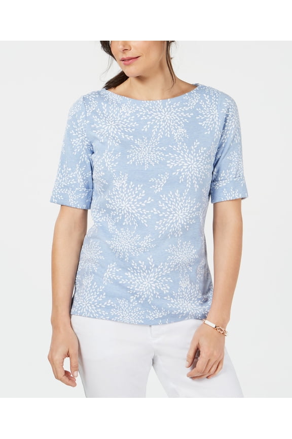 Printed Elbow Sleeve Boat Neck Top Light Blue Heather XS