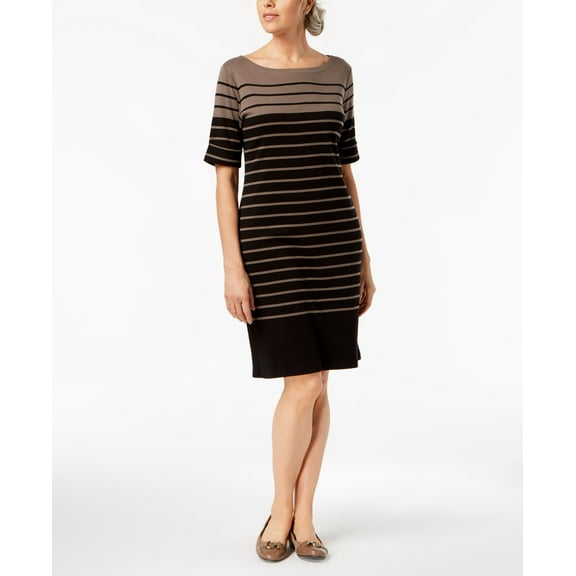 Karen Scott Printed Elbow Sleeve Dress Brown Clay Stripe S