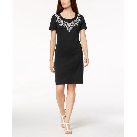 Karen Scott Printed Scoop Neck T-Shirt Dress Deep Black XS