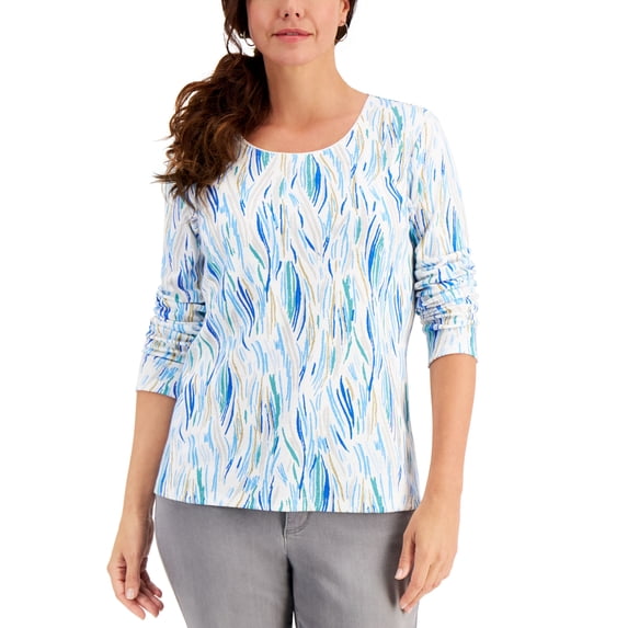 Karen Scott Printed Scoop Neck Top Carolina Sky M