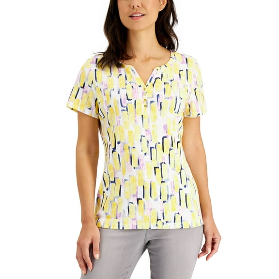 Karen Scott Printed Short Sleeve Henley Citron Aura S