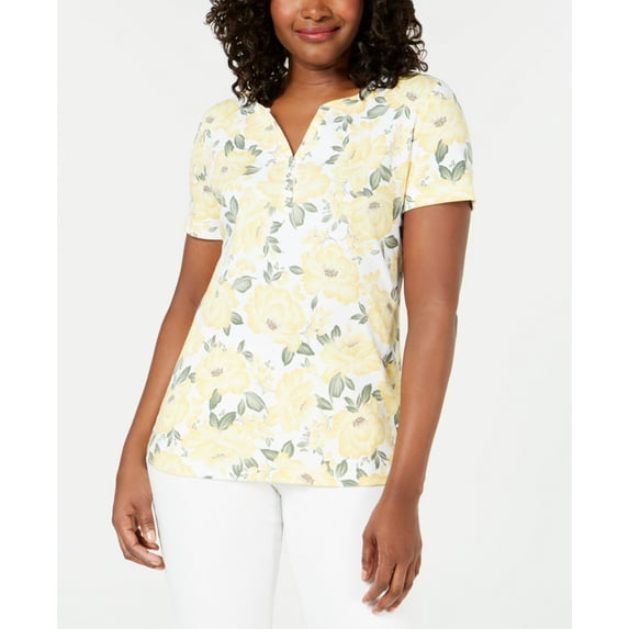 Karen Scott Printed Short Sleeve Henley Citron Aura XS