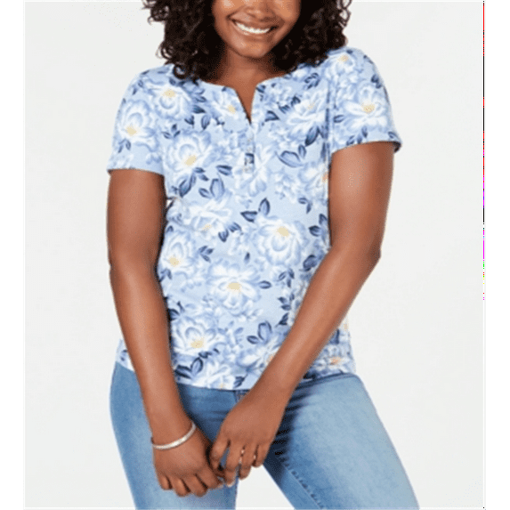 Karen Scott Printed Short Sleeve Henley Light Blue Heather M