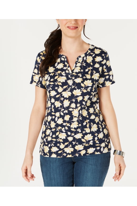 Printed Split Neck T-Shirt Blue L