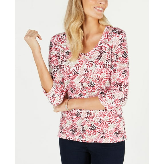 Karen Scott Printed V Neck T-Shirt New Red Amore XS