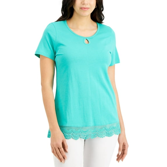 Karen Scott Scoop Neck Crochet Hem Top Coastline Teal XS