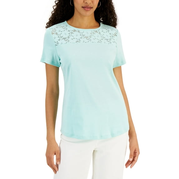 Karen Scott Short Sleeve Crocheted Yoke Top Aqua Ice XS