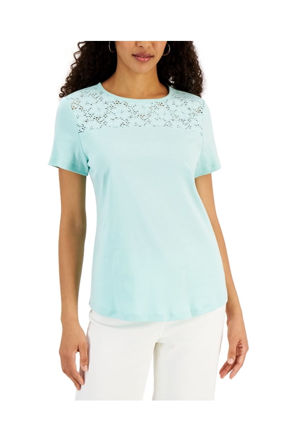 Short Sleeve Crocheted Yoke Top Aqua Ice XS