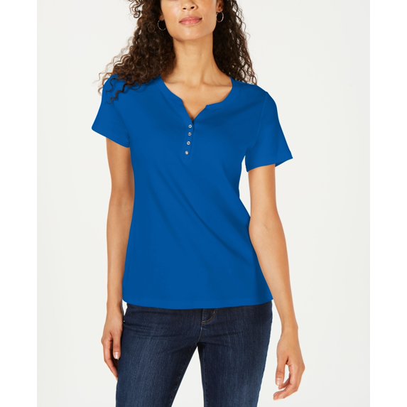 Karen Scott Short Sleeve Henley Top Vibrant Blue S