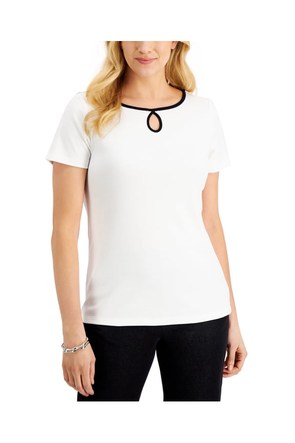 Short Sleeve Keyhole Boat Neck Top Bright White XL