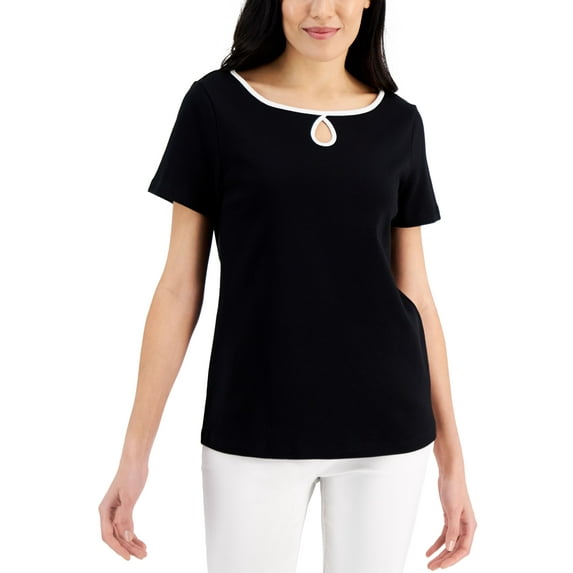 Karen Scott Short Sleeve Keyhole Boat Neck Top Deep Black L