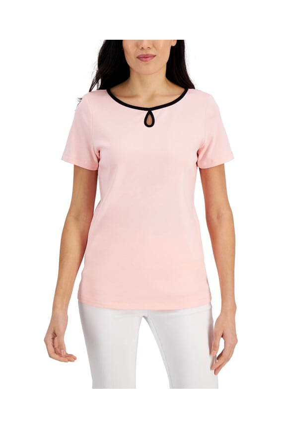 Short Sleeve Keyhole Boat Neck Top Soft Pink S