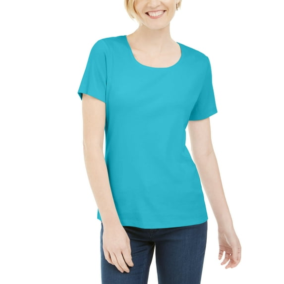 Karen Scott Short Sleeve Scoop Neck Top Aqua Oasis XS