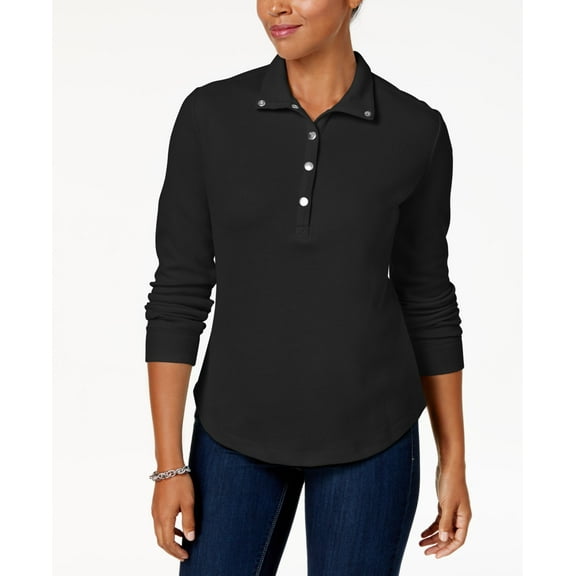 Karen Scott Snap Front Polo Shirt Deep Black M
