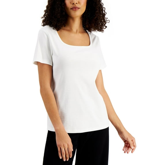 Karen Scott Solid Square Neck Cotton Top Bright White S