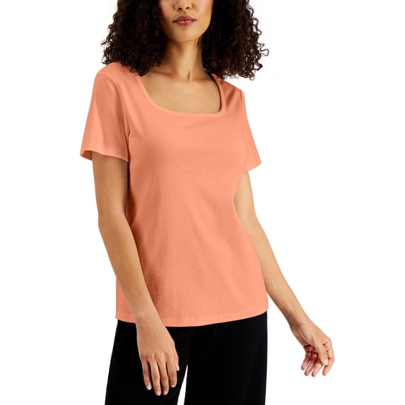 Karen Scott Solid Square Neck Cotton Top Pacific Coral XS