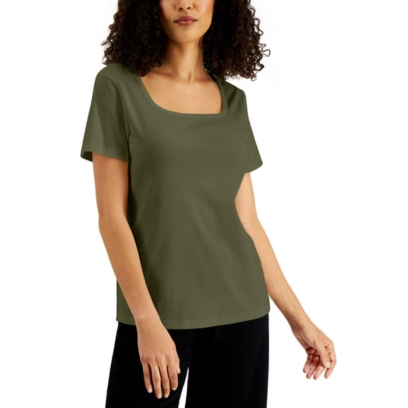 Karen Scott Solid Square Neck Cotton Top Winter Moss XS