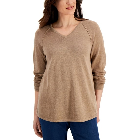 Karen Scott Solid V Neck Curved Hem Sweater Chestnut Heather S