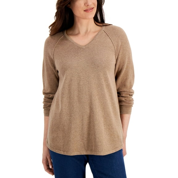 Karen Scott Solid V Neck Curved Hem Sweater Chestnut Heather S