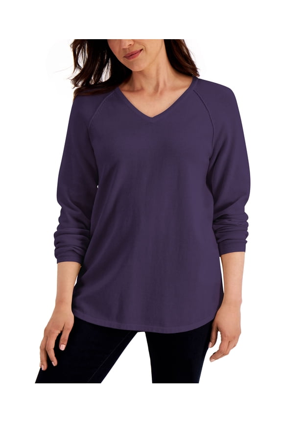 Solid V Neck Curved Hem Sweater Sweate Cassis XS