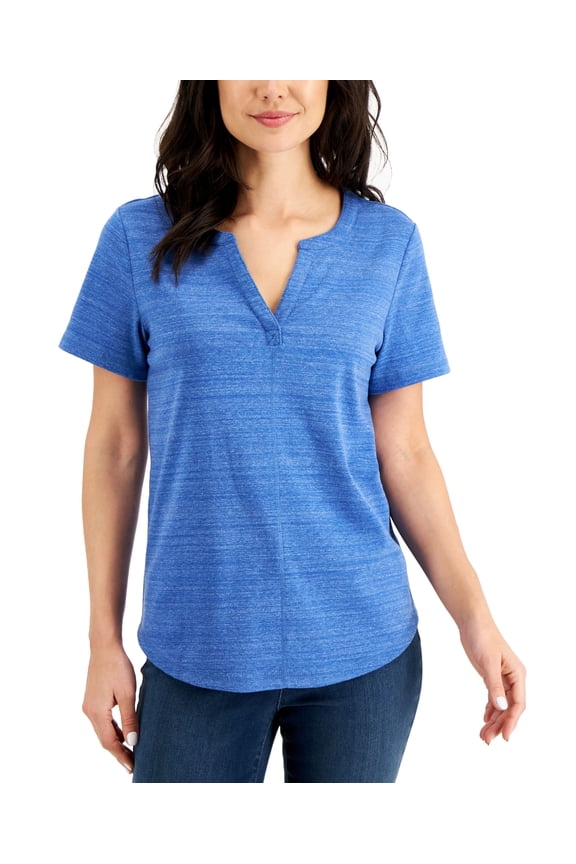 Split Neck Space Dyed Top Vibrant Blue S