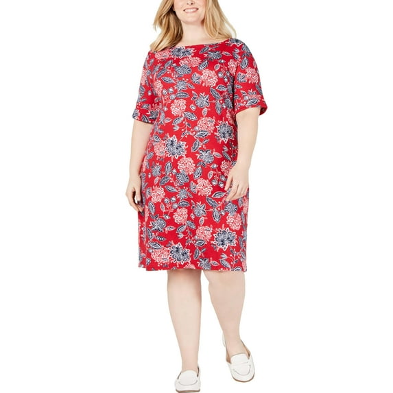 Karen Scott Sport Womens Plus Floral Elbow Sleeves Casual Dress Red 0X