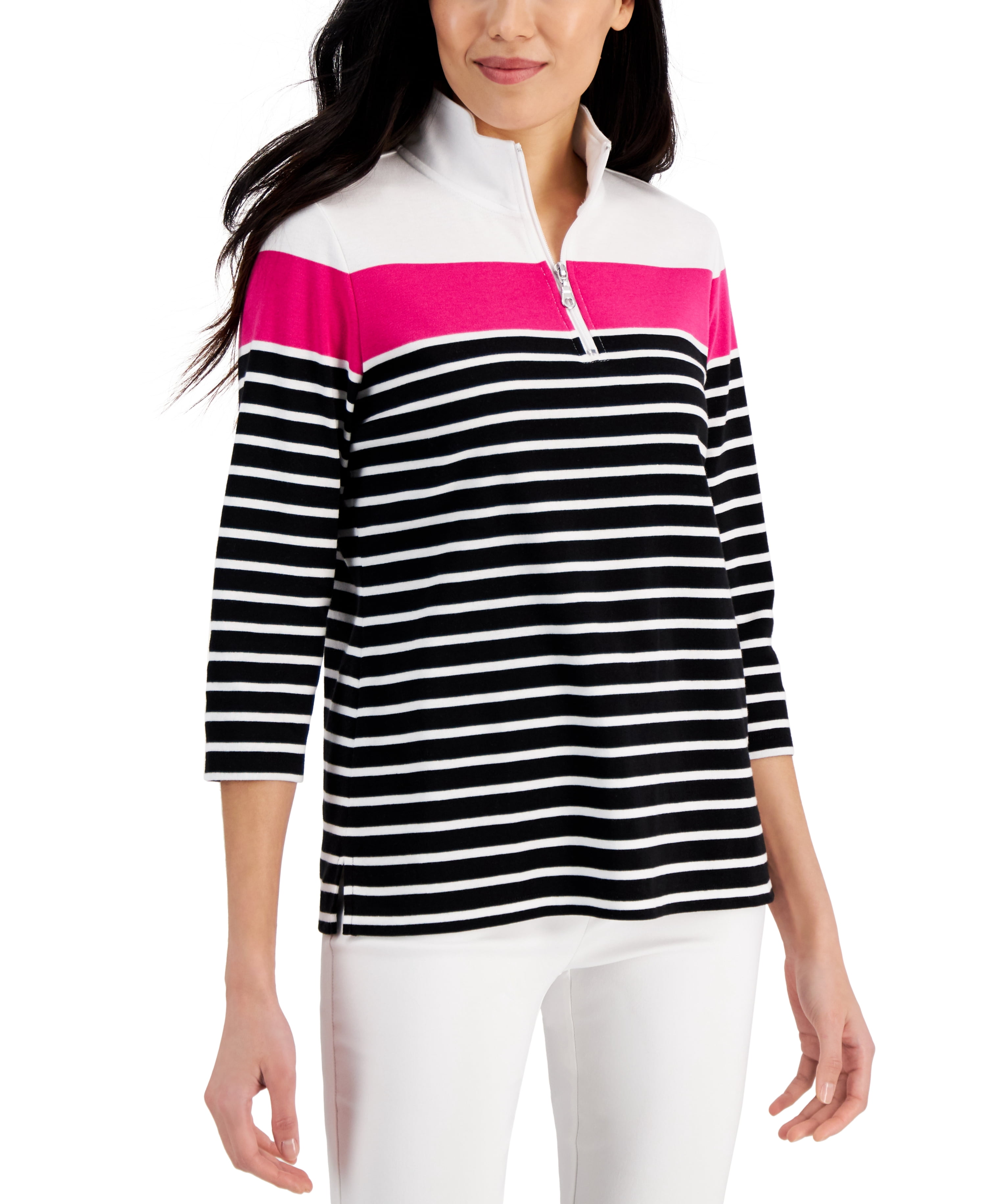 Karen Scott Womens Petite Embellished 3 4 Sleeve Top Black Size Pl