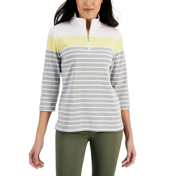 Karen Scott Striped Quarter Zip 3/4 Sleeve Top Smoke Grey Heather S