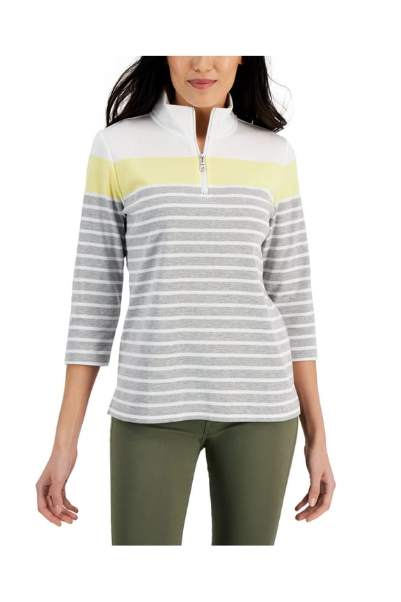 Striped Quarter Zip 3/4 Sleeve Top Smoke Grey Heather XL