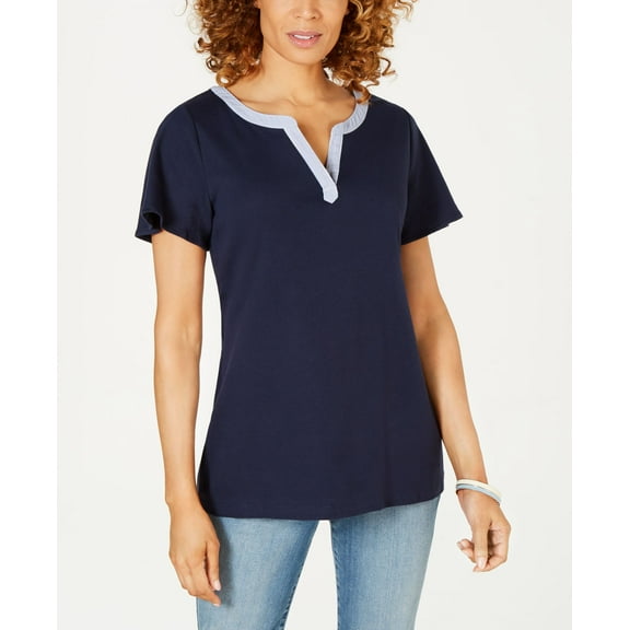 Karen Scott Striped Trim Split Neck Top Intrepid Blue XS