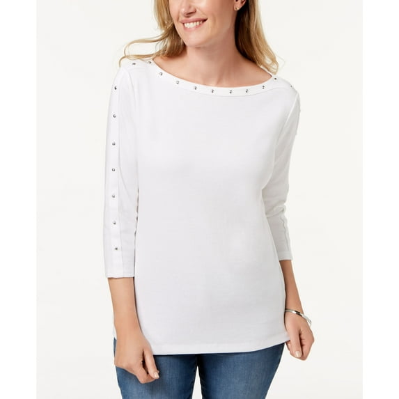 Karen Scott Studded Boat Neck Top Bright White M