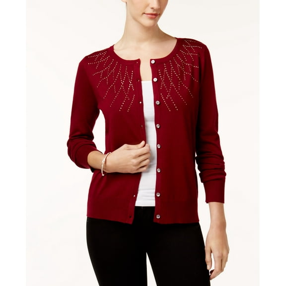 Karen Scott Studded Long Sleeve Cardigan Merlot S