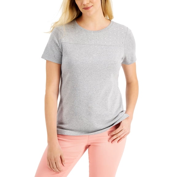 Karen Scott Studded Yoke Scoop Neck Top Smoke Grey Heather M